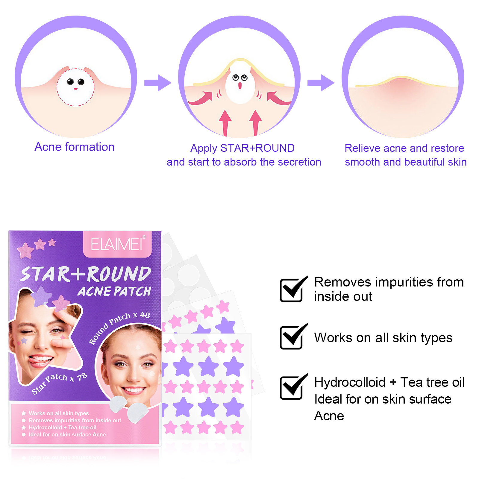 Elaimei Stars + Round Acne Patches, pack of 126pcs
